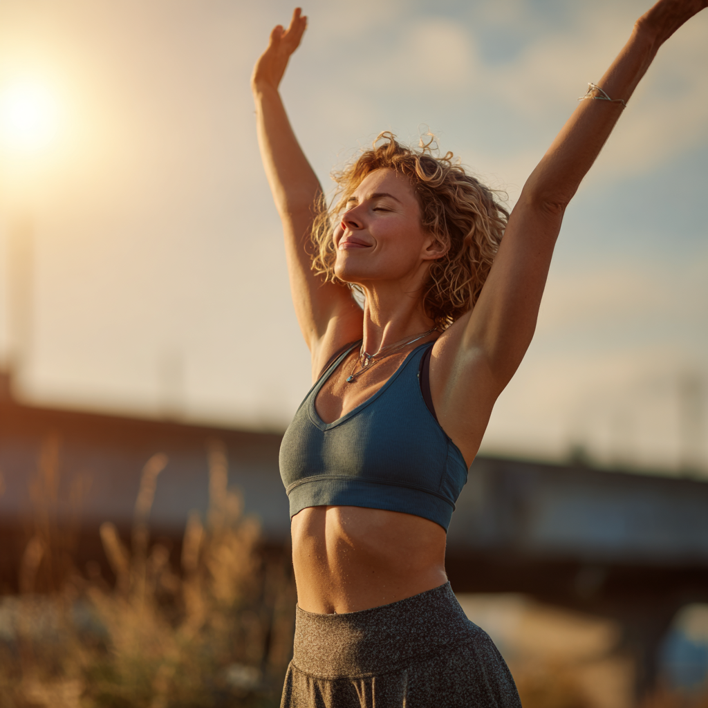 Молода європейська жінка у білій йога-одязі медитує на зеленому килимку на фоні сонячної кімнати з рослинами, усміхається, відчуває спокій та гармонію