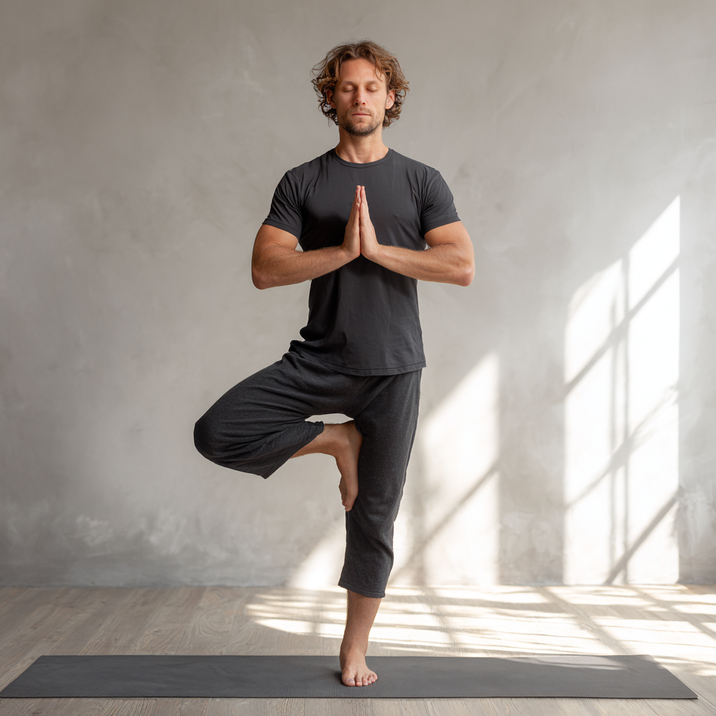 Європейський чоловік середнього віку у зручному одязі сидить у позі лотоса на дерев'яній підлозі біля великого вікна, очі закриті в медитації, обличчя спокійне та зосереджене